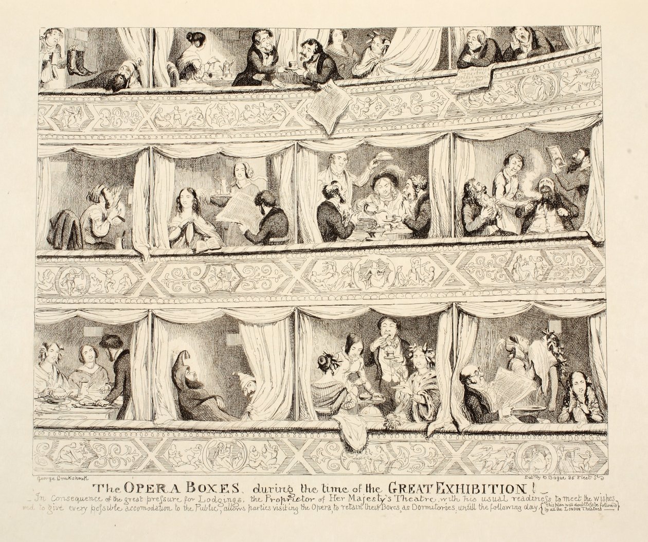 Operaboksene i løpet av den store utstillingen, pub. 1851 av George Cruikshank