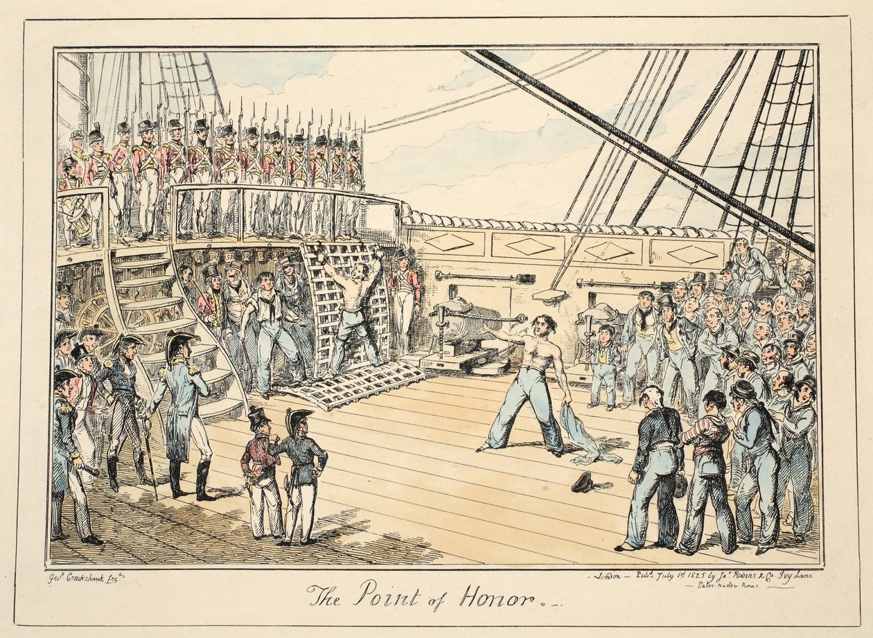 The Point of Honor, fra Greenwich Hospital, en serie marineskisser, beskrivelse av livet til en krigsmann, pub. 1825 (håndfarget gravering) av George Cruikshank