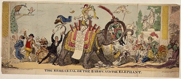 The Rehearsal or the Baron and the Elephant, satirisk trykk på Kembles forseggjorte produksjoner på Covent Garden Theatre som involverer dyr av George Cruikshank