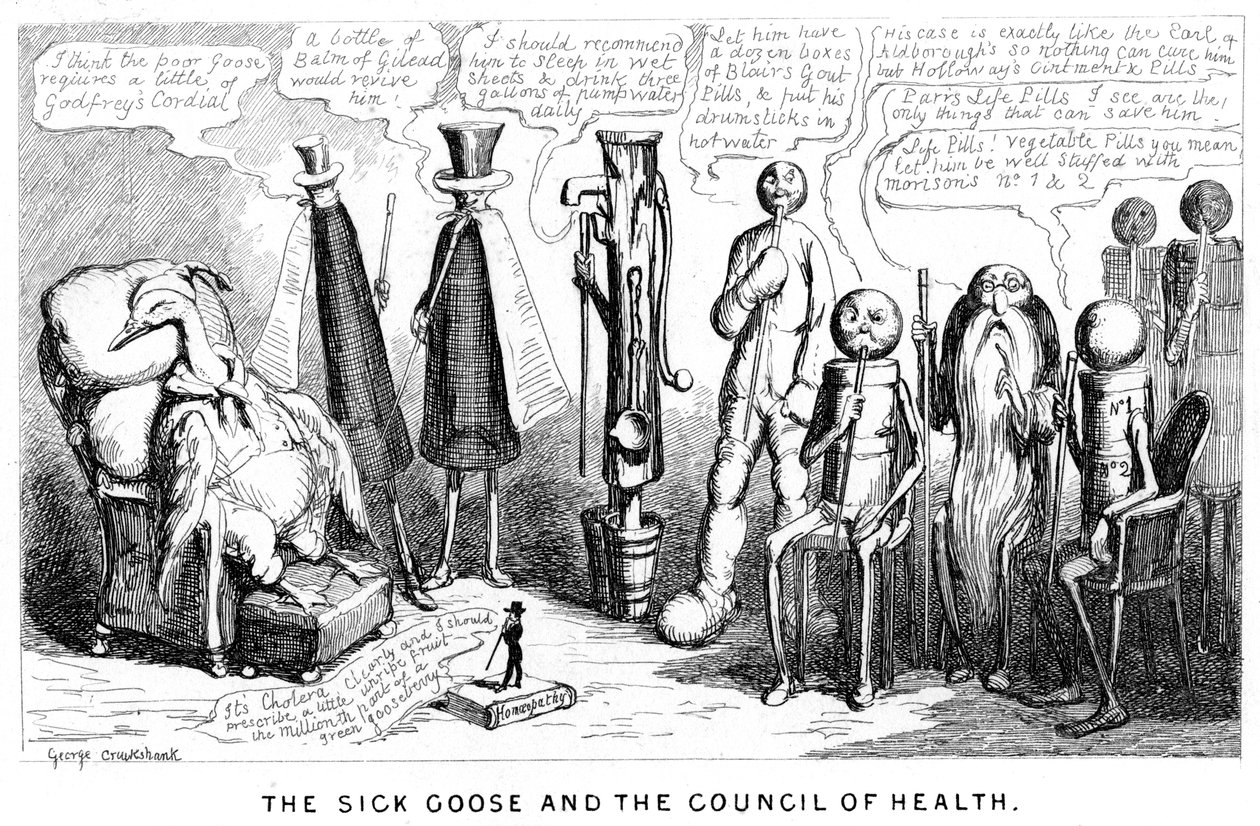 Den syke gåsen og helserådet, 1800-tallet av George Cruikshank