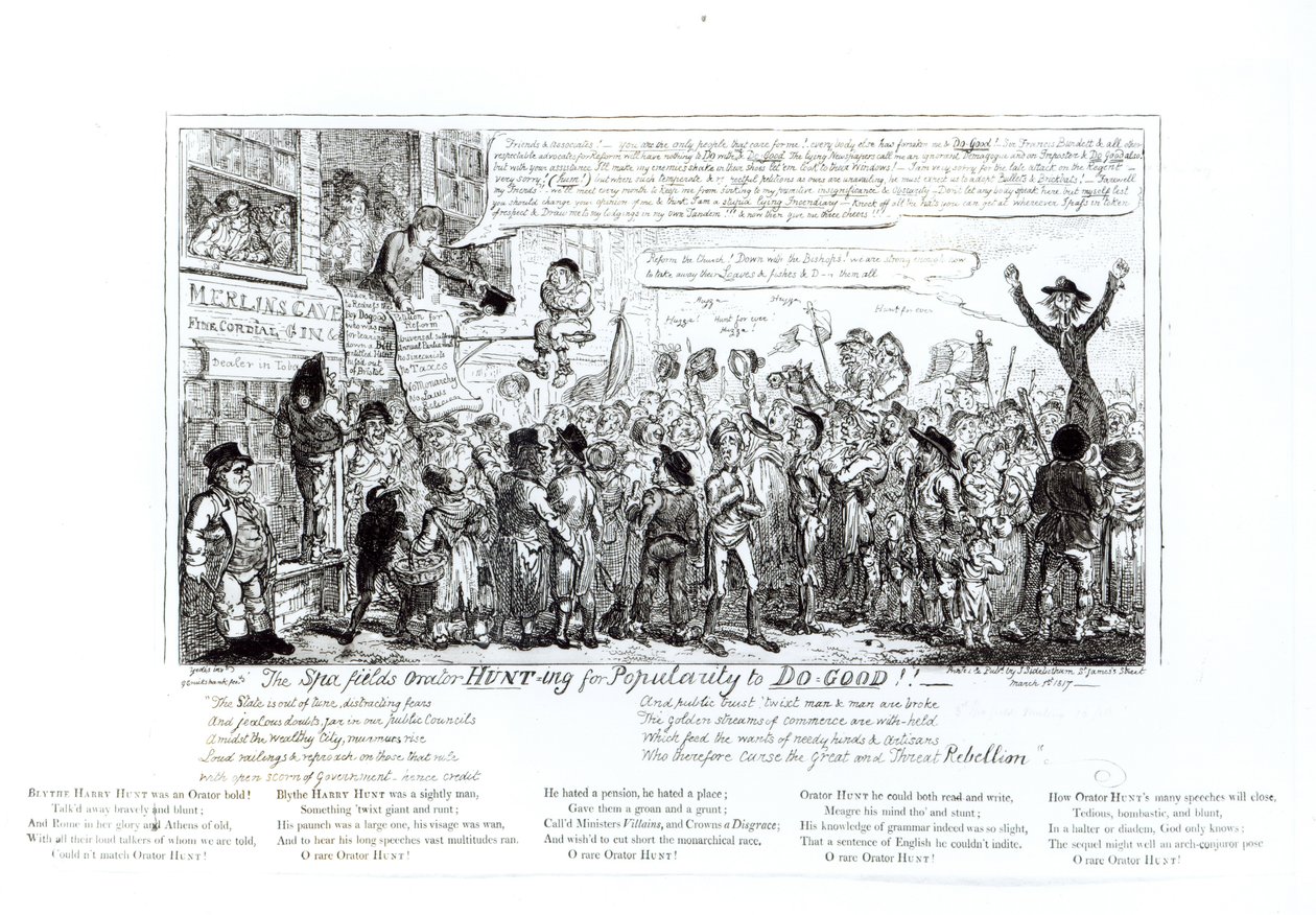 The Spa Fields Orator Hunt-ing for Popularity to Do-Good!!, pub. av J. Sidebotham, 1817 av George Cruikshank
