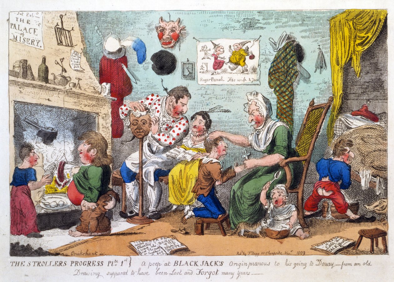 The Strollers Progress Plate 1, en titt på Black Jacks Origin Tidligere til hans Going to Douay, pub. 1809 (håndfarget etsning) av George Cruikshank