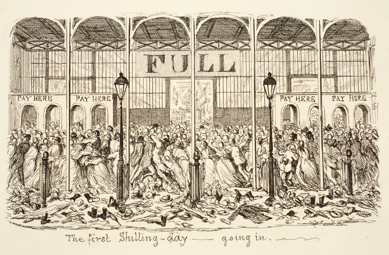 Den første Shilling-dagen - Går inn, pub. 1851 (gravering) av George Cruikshank