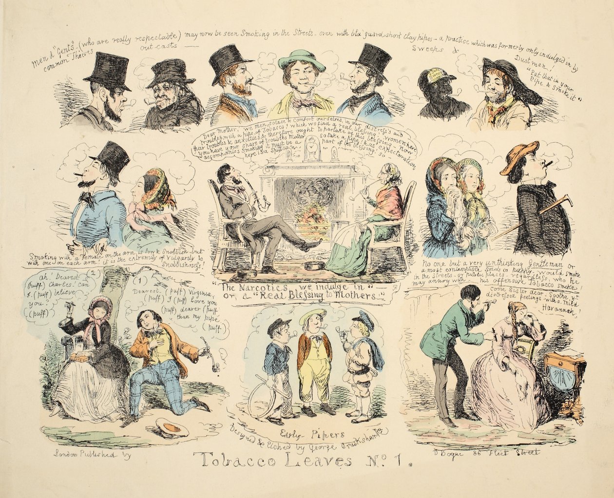 Tobakksblader nr. 1, pub. 1851 (håndfarget gravering) av George Cruikshank