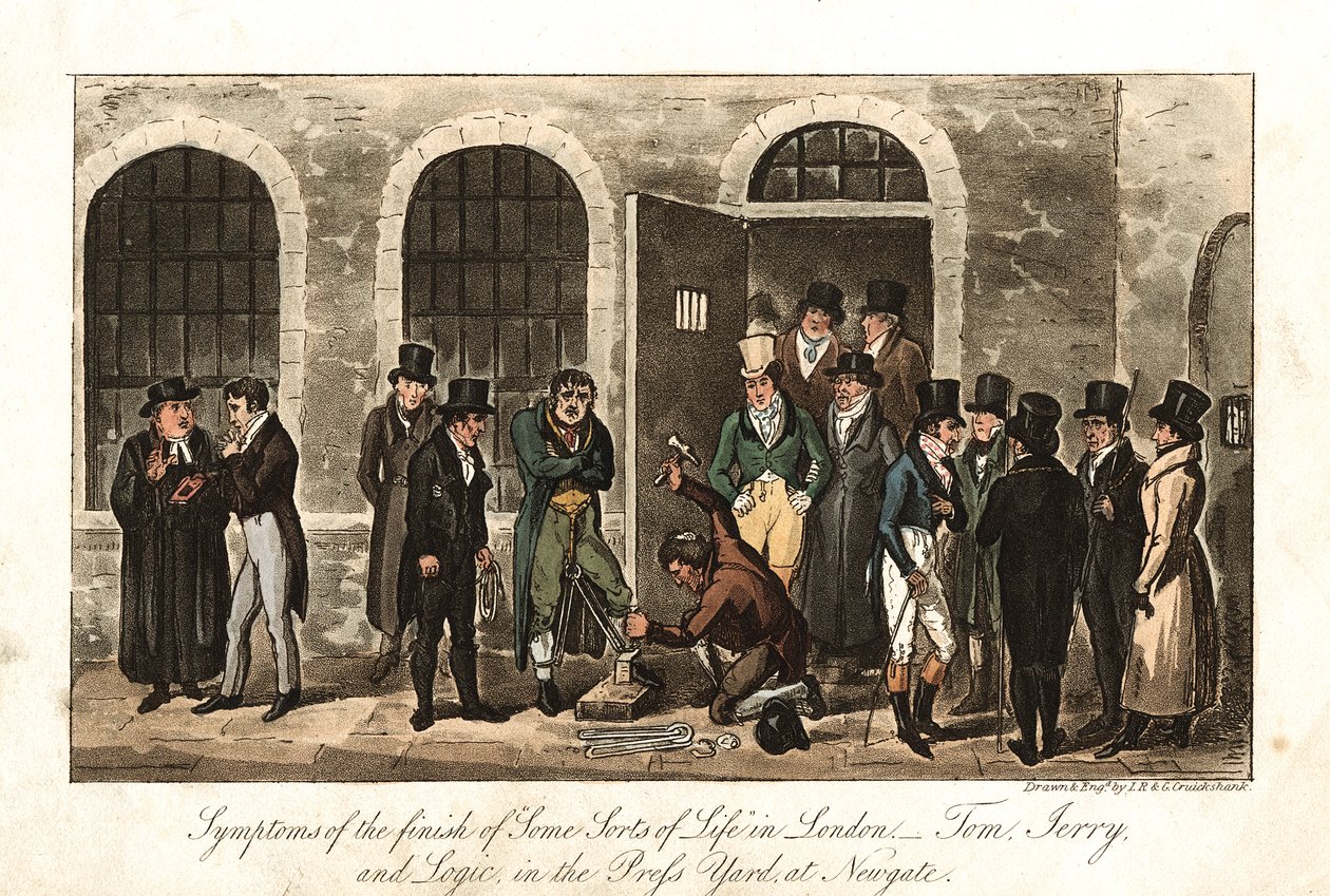 Tom, Jerry og Logic in the Press Yard, Newgate fengsel, London, 1821 av George Cruikshank