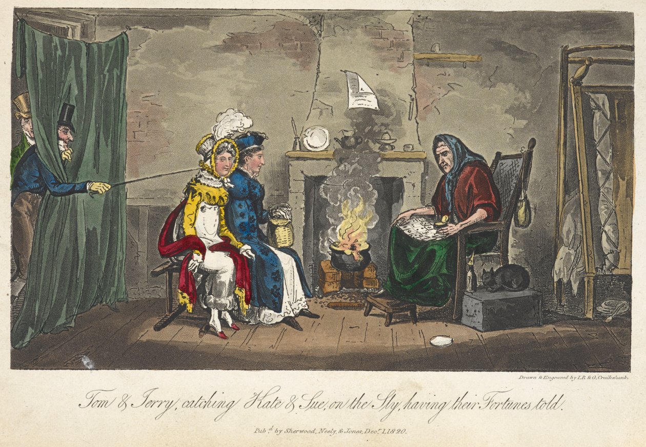 Tom og Jerry fanger Kate og Sue på lur, med formuen deres fortalt, "Life in London, etc.", av Pierce Egan av George Cruikshank