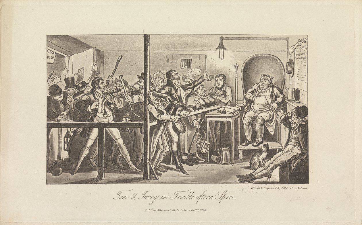 Tom og Jerry i trøbbel etter en spree av George Cruikshank