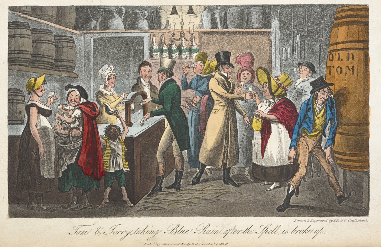 Tom & Jerry tar blå ruin etter at trylleformularet ble brutt opp, "Life in London, etc.", av Pierce Egan av George Cruikshank