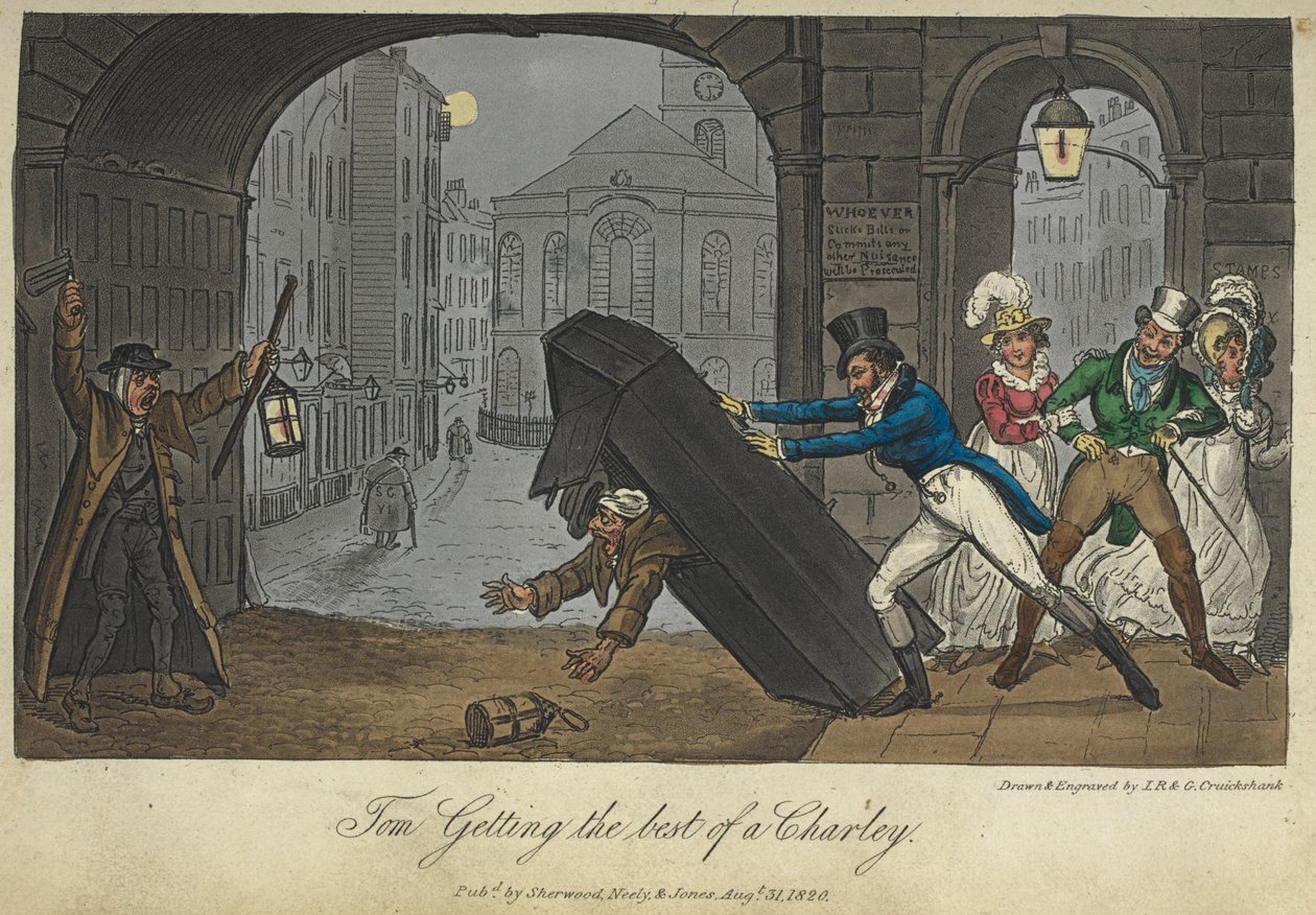 "Tom får det beste av en Charlie". Spille en vits på en nattevakt, "Life in London, etc.", av Pierce Egan av George Cruikshank