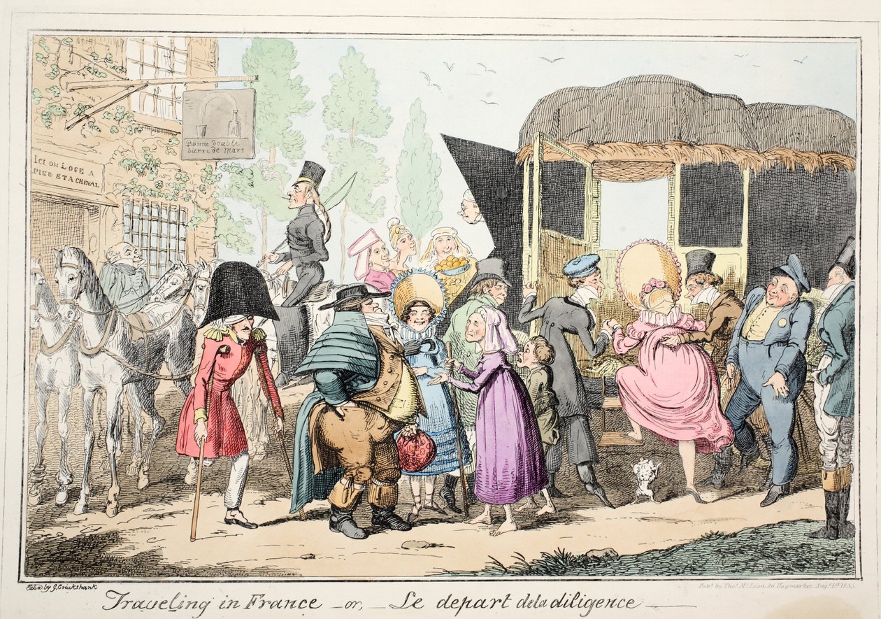 Reiser i Frankrike eller Le Depart de la Diligence, pub. 1835 (håndfarget etsning) av George Cruikshank