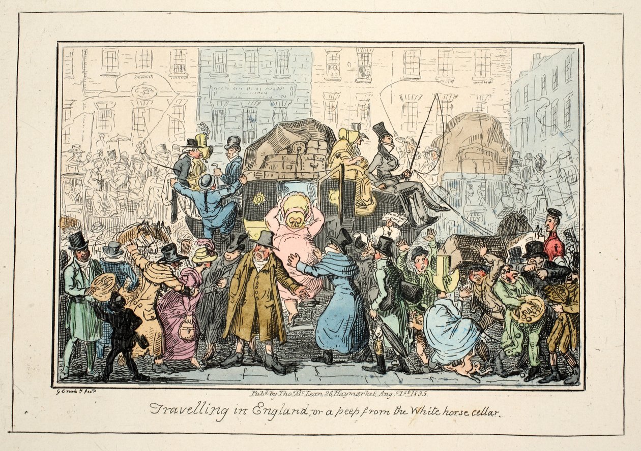 På reise i England - eller et pip fra White Horse Cellar, pub. 1835 (håndfarget gravering) av George Cruikshank