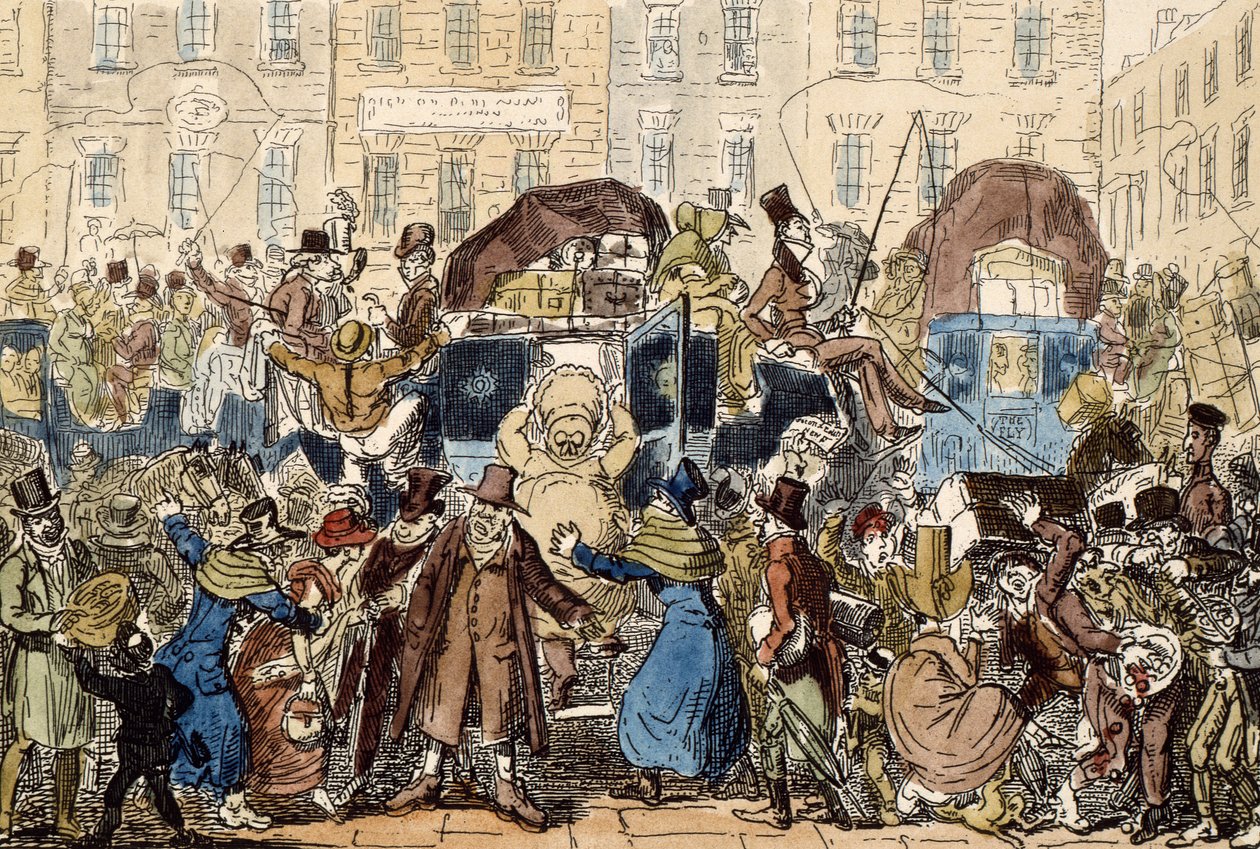 Reiser i England, eller et pip fra den hvite hestekjelleren, 1819 (håndfarget etsning) av George Cruikshank