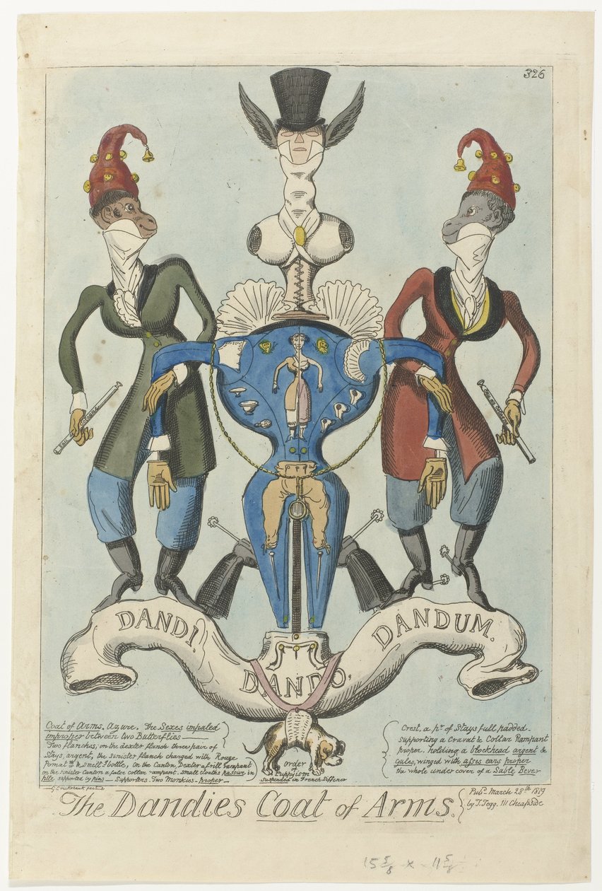 To kledde aper holder et mannekengformet våpen The Dandies Coat of Arms (tittel på objekt) av George Cruikshank