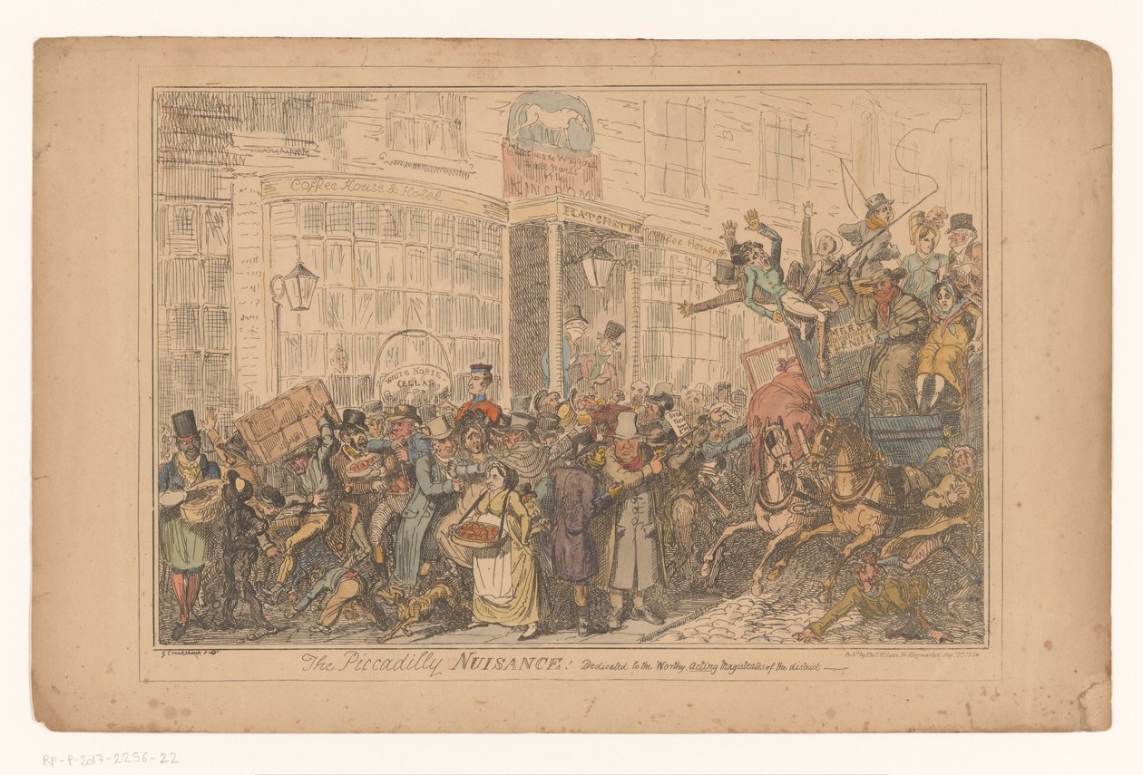 Verkeerschaos utenfor hotellet Old White Horse Cellar i Piccadilly The Piccadilly Nuisance! Dedikert til de verdige, fungerende sorenskriverne i distriktet (tittel på objekt) av George Cruikshank
