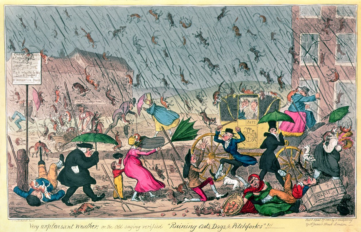 Veldig ubehagelig vær, eller det gamle ordtaket bekreftet Raining Cats, Dogs and Pitchforks!, pub. av G. Humphrey, 1820 av George Cruikshank