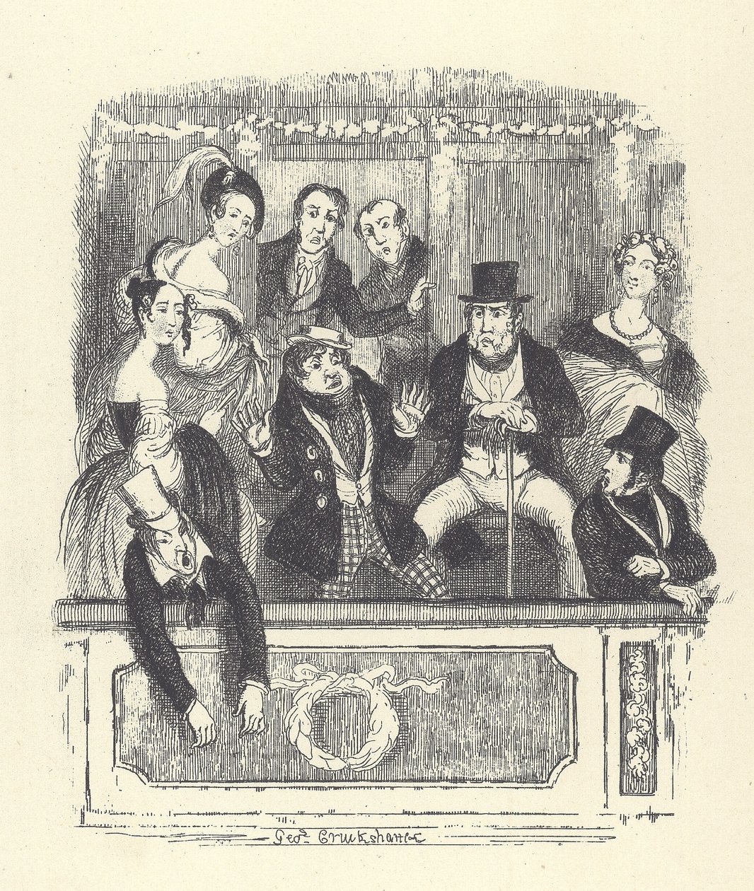 Viktorianske teatergjengere hoper seg inn i en boks på et teater i London (gravering) av George Cruikshank