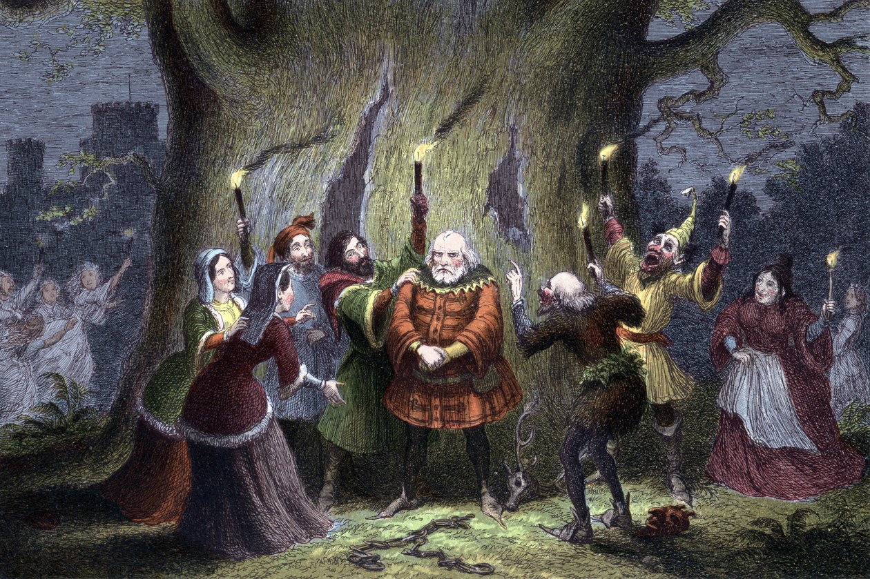 William Shakespeare The Merry Wives of Windsor, skuespill første gang fremført i 1597 eller 1600. Falstaff, etter å ha beholdt sitt antatte oppdrag med i Windsor Forest Mistress Ford som Herne the Hunter og blitt klemt og slått av 
