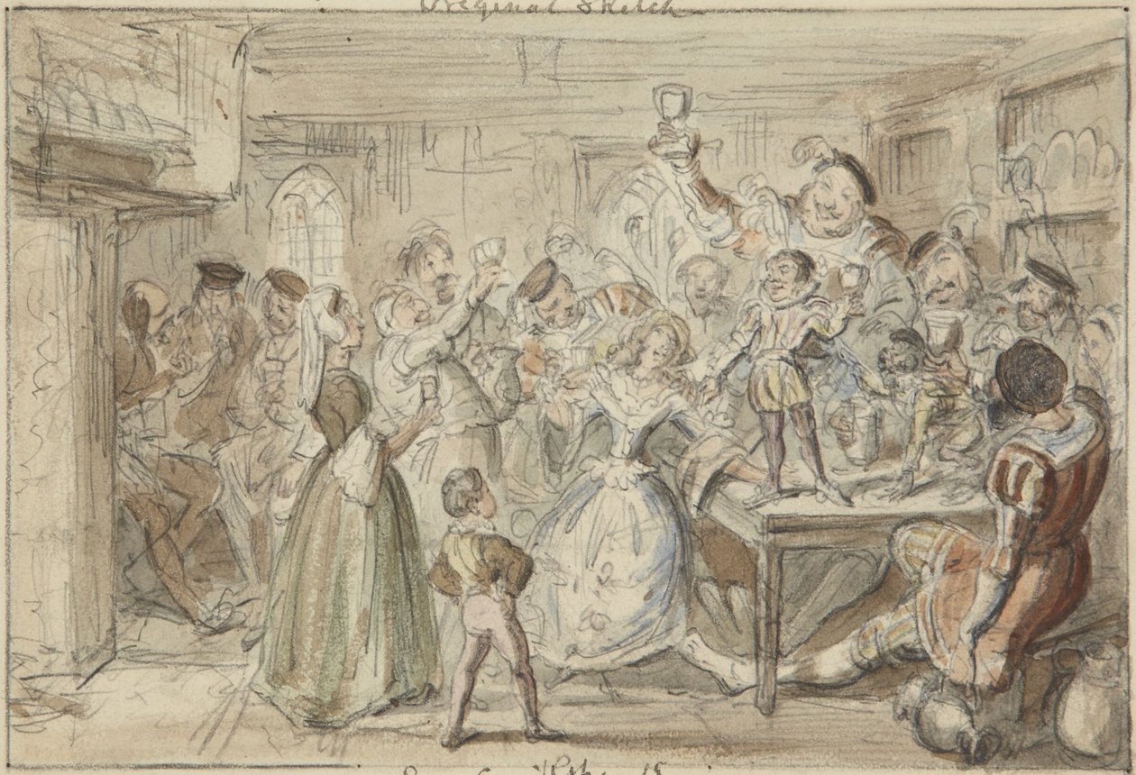 Xit, nå Sir Narcissus Le Grand, underholder vennene sine på bryllupsdagen av George Cruikshank