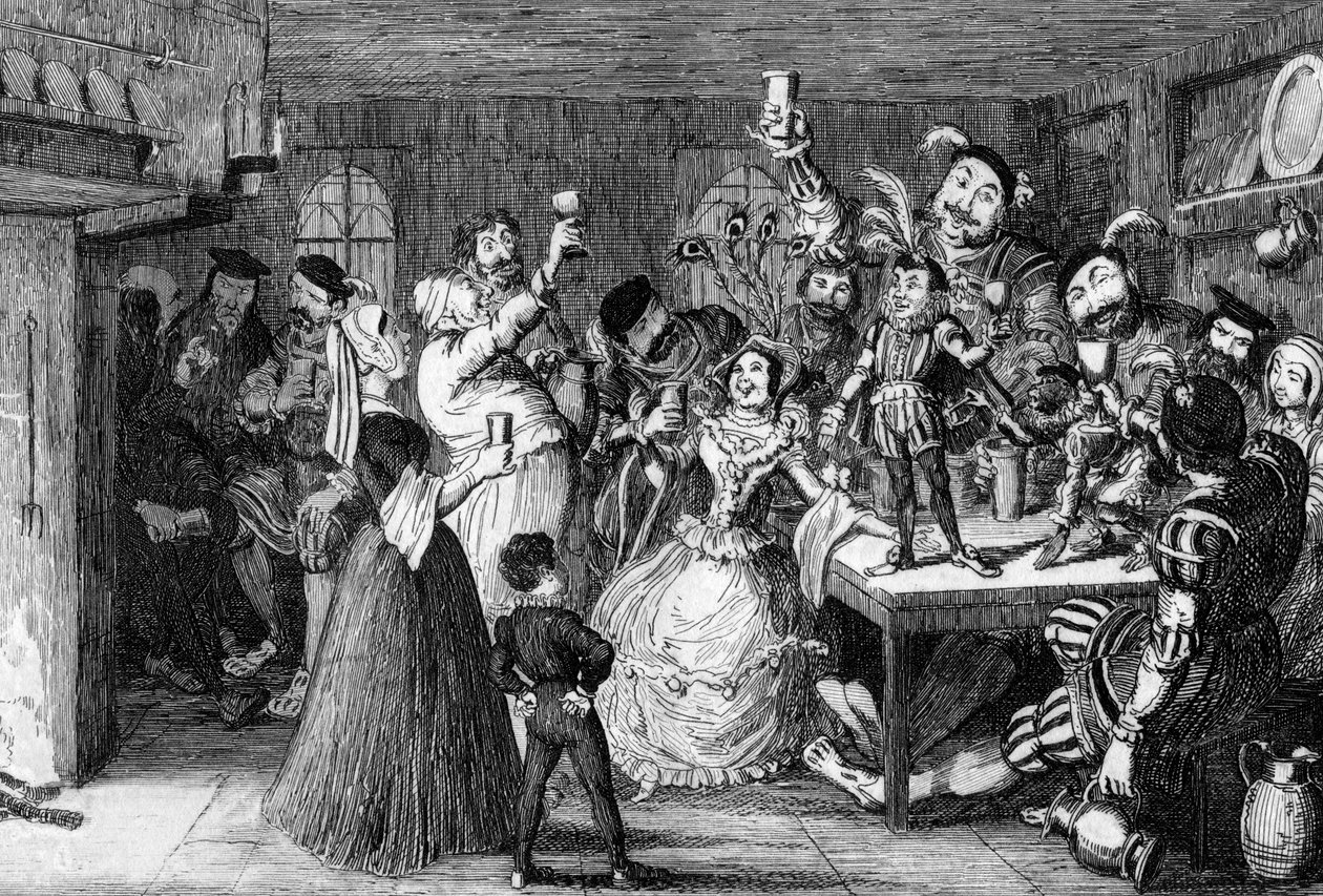 Xit, nå Sir Narcissus le Grand, underholdt vennene sine på bryllupsdagen hans, 1840. av George Cruikshank