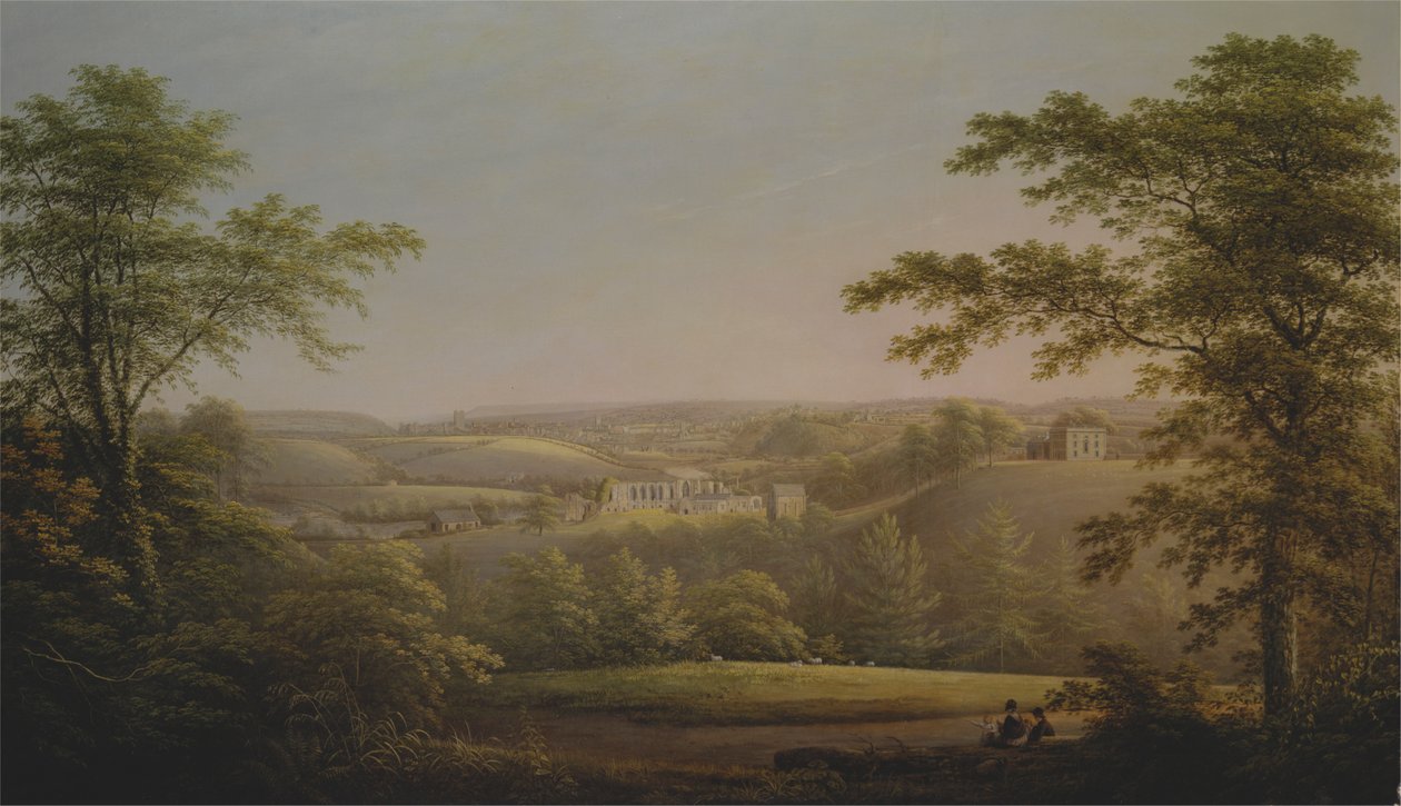 Easby Hall og Easby Abbey med Richmond, Yorkshire i bakgrunnen av George Cuitt