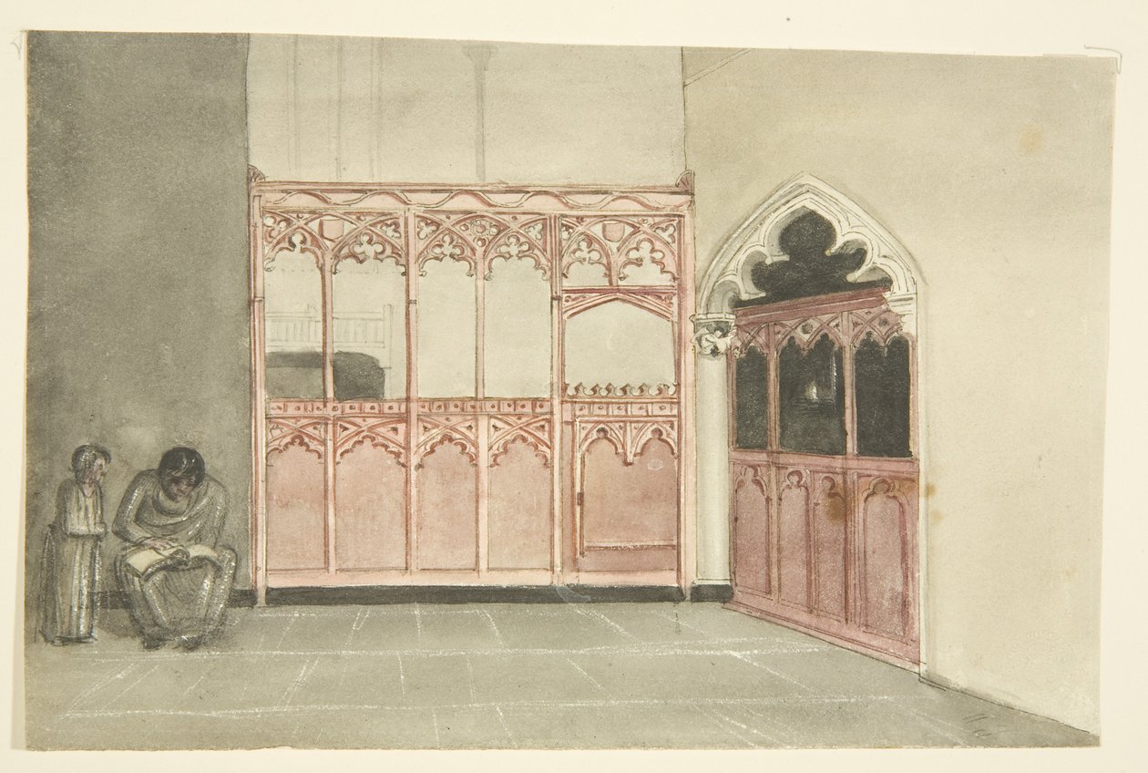 Old Chapel in Bristol Cathedral (blyant og akvarell på papir) av George Cumberland
