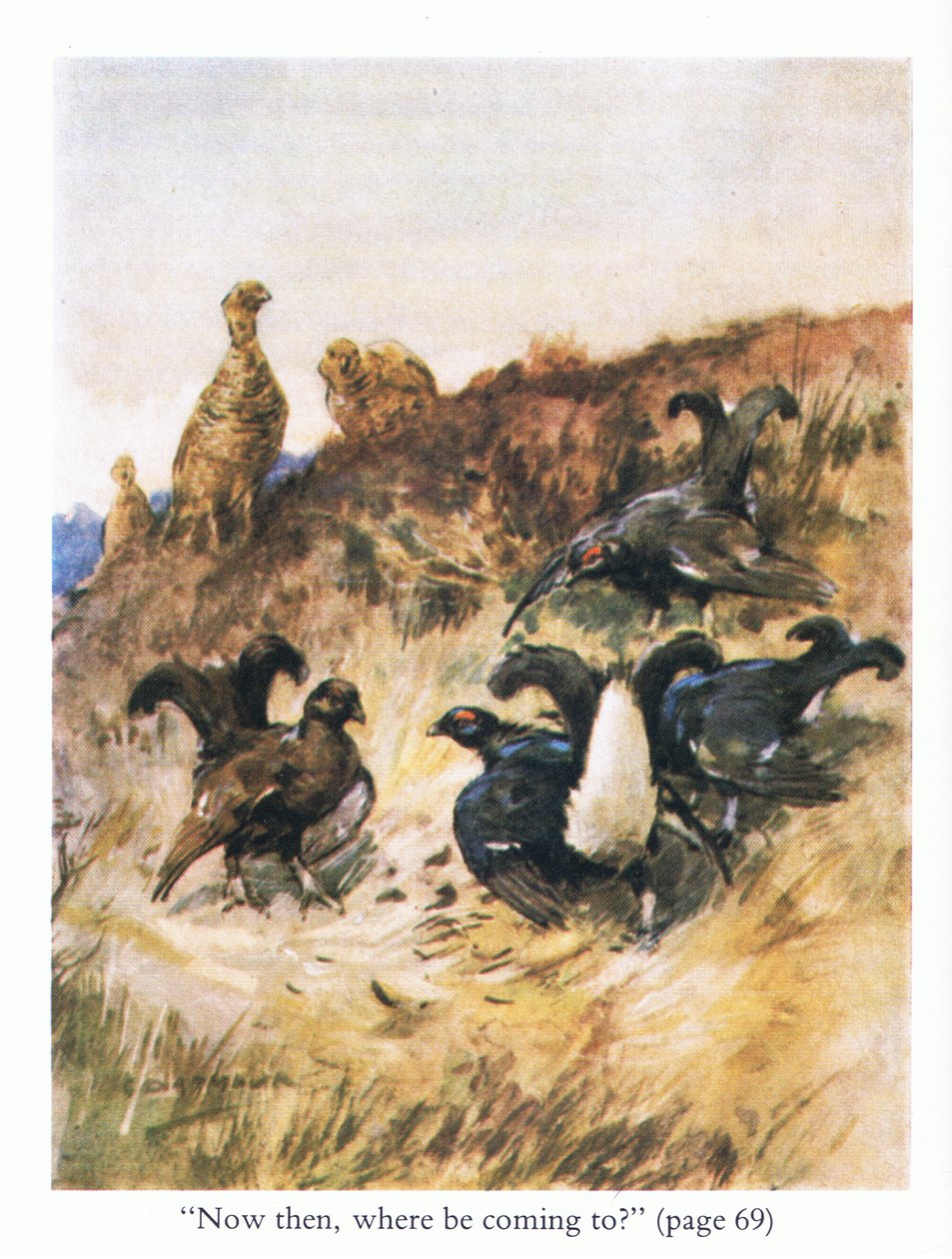 "Nå da, hvor kommer du til?" (farge litho) av George Denholm Armour