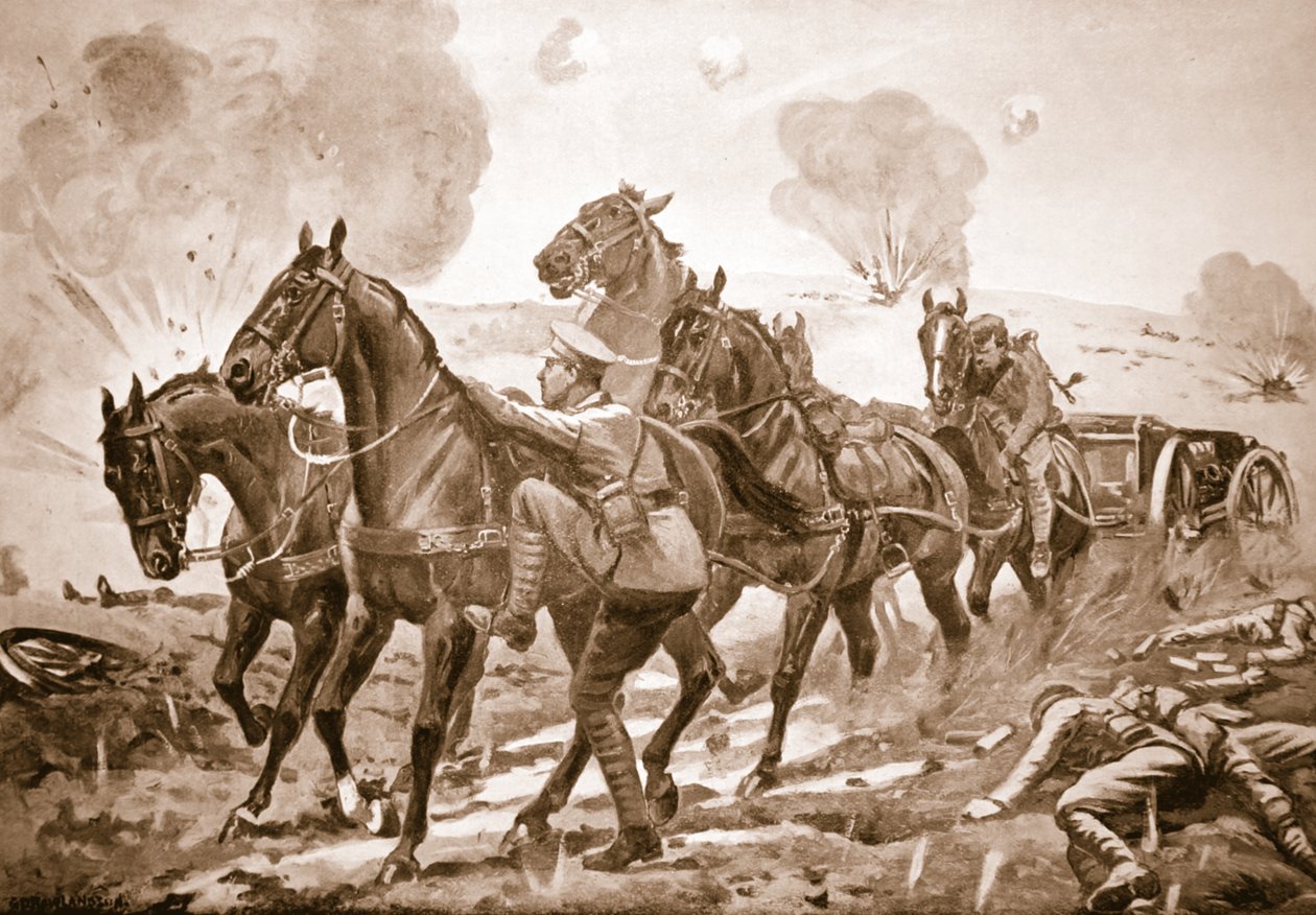 Lance-Corporal Holmes tar plassen til en såret sjåfør og hjelper til med å kjøre en pistol ut av funksjon under kraftig ild av George Derville Rowlandson