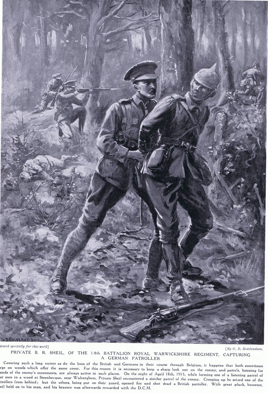 Menig B R Shiel tildelte DCM for å fange en tysk patruljer i Belgia april 1915 av George Derville Rowlandson
