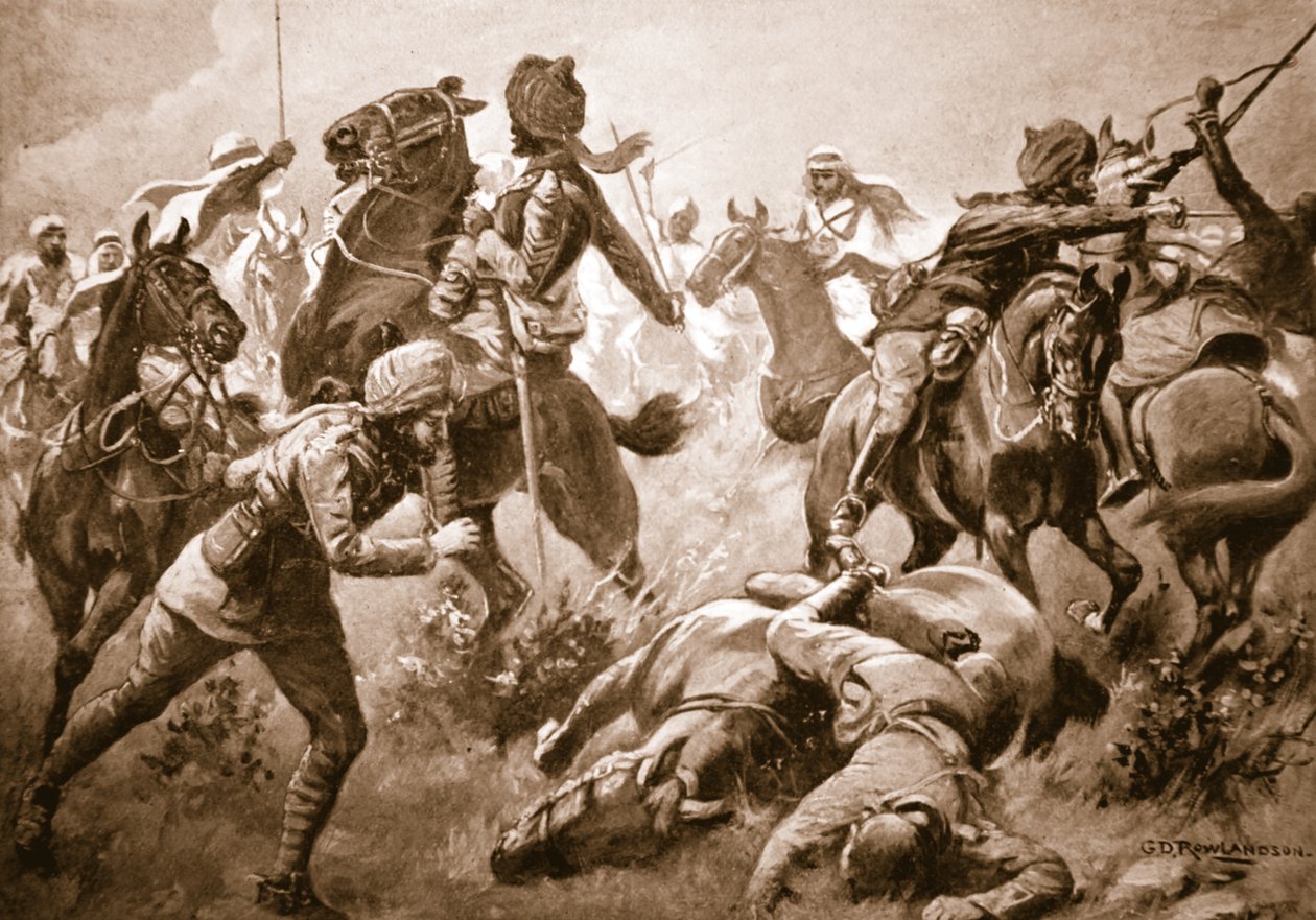 Risaldar Santa Singh, Dafadar Bisham Singh og Sowar Buda Singh bryter gjennom arabernes rekker til hjelp fra kaptein Willoughby av George Derville Rowlandson