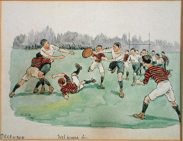 Desember måned: Rugby (penn og blekk og akvarell på papir) av George Derville Rowlandson