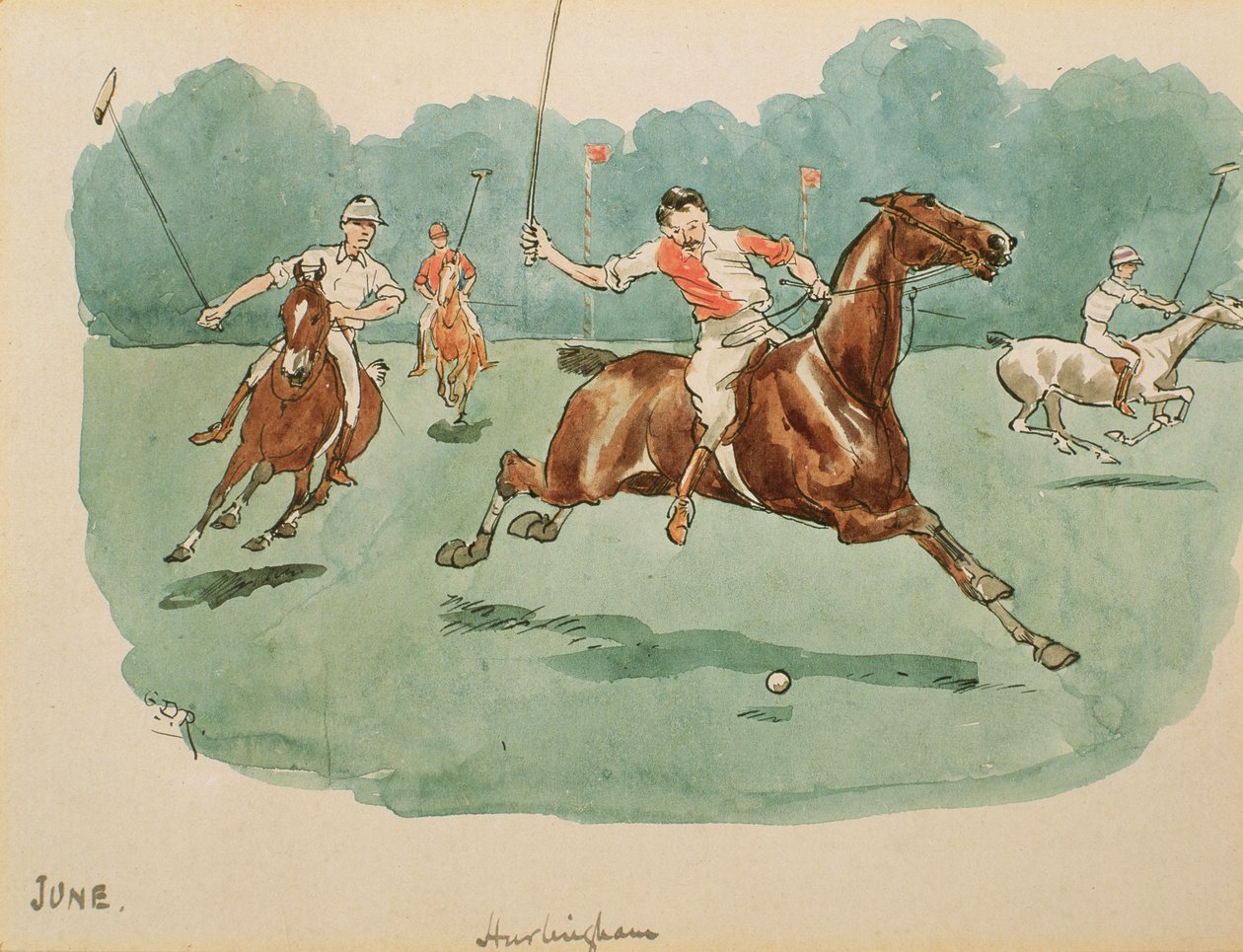 Juni måned: Polo (penn og blekk og wc på papir) av George Derville Rowlandson