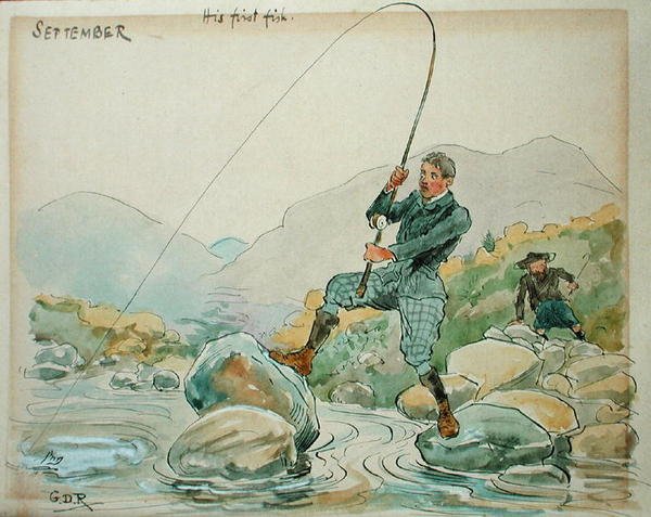 September måned: Fiske (penn og blekk og akvarell på papir) av George Derville Rowlandson