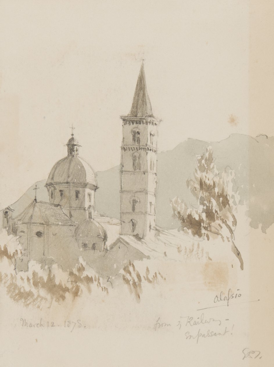Alassio, fra ye Railway, En Passant!, 12. mars 1878 (blyant og wc på papir) av George Douglas Tinling