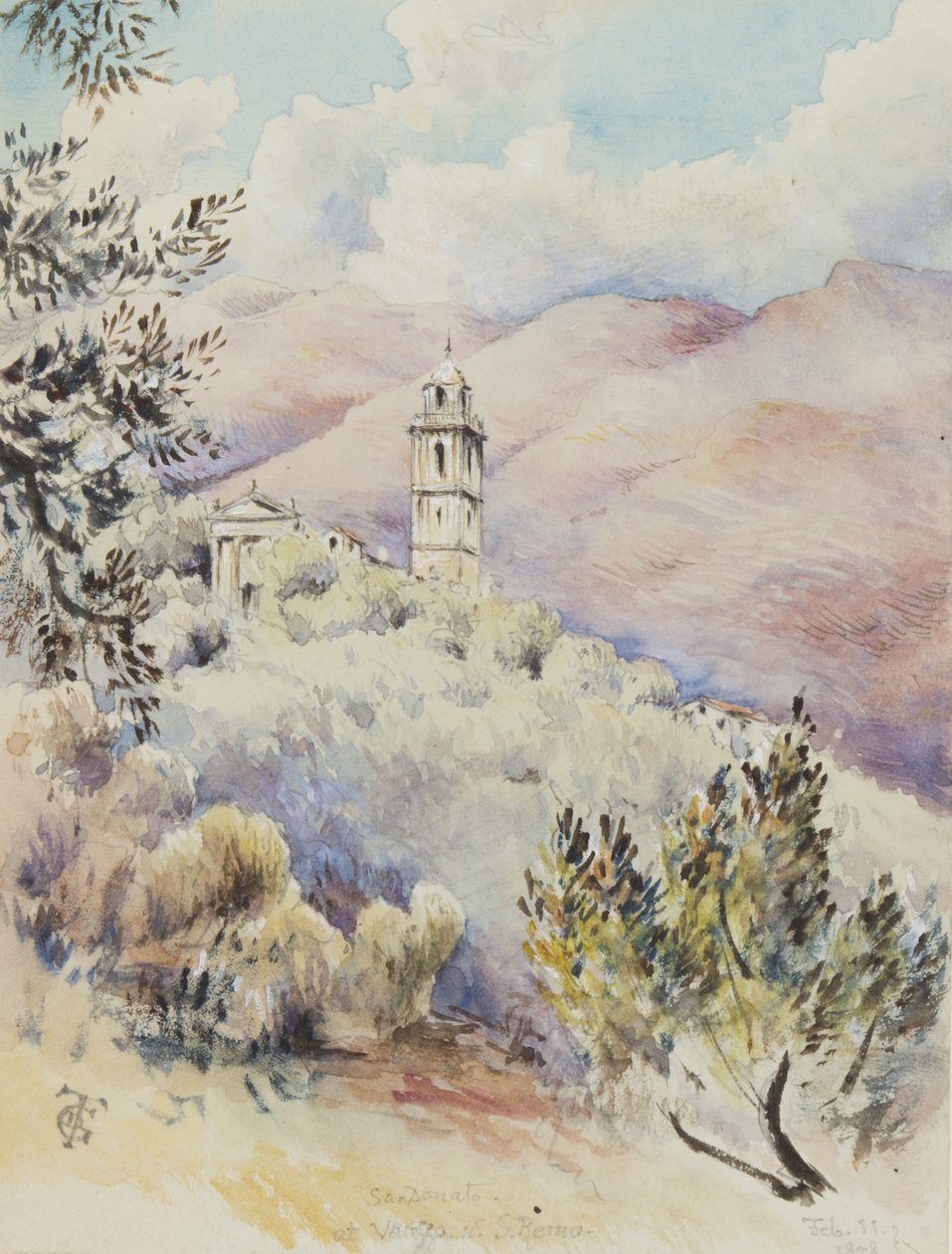 San Donato-kirken, Varezzo, nær San Remo, 11. februar 1878 (wc på papir) av George Douglas Tinling
