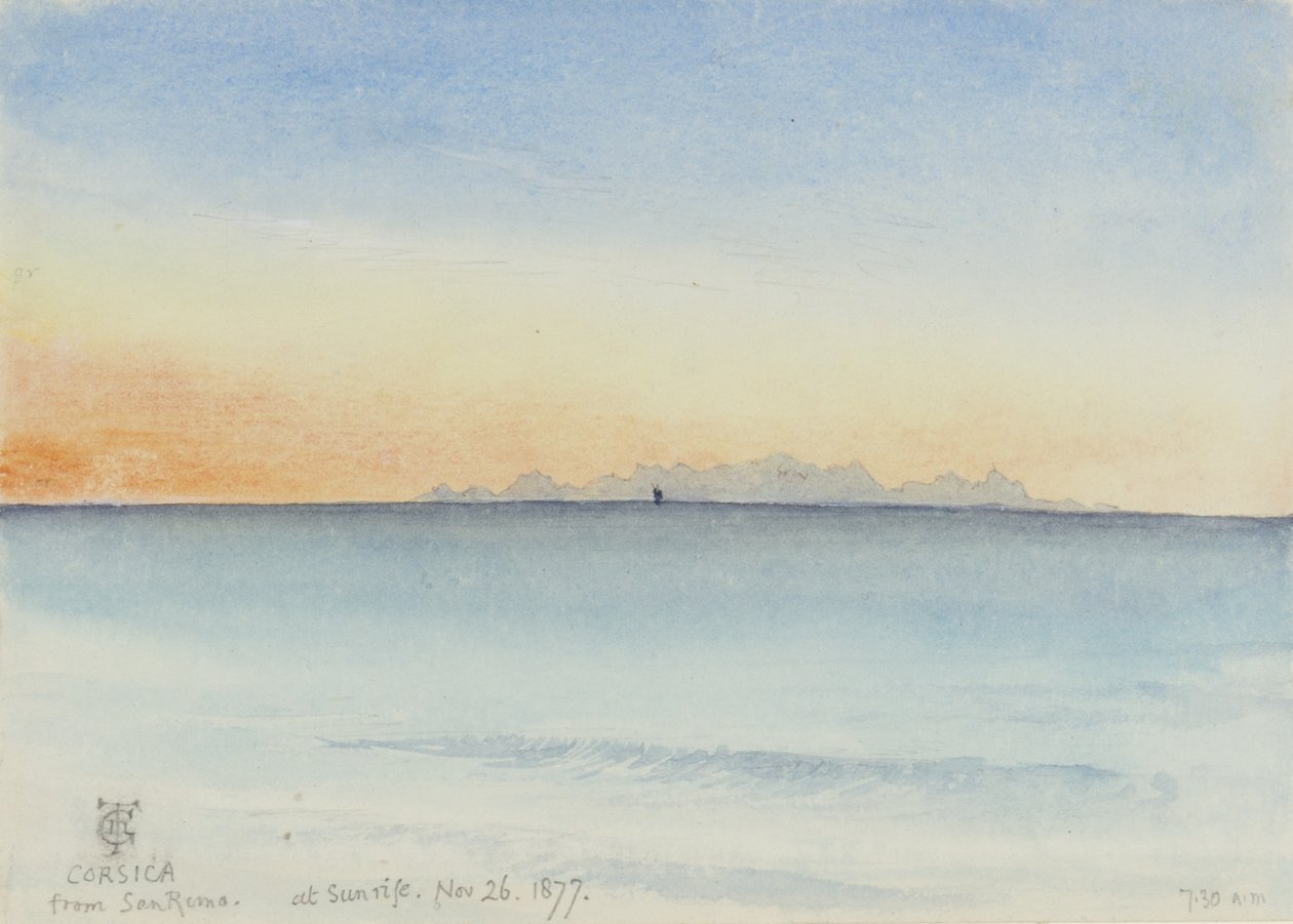 Korsika fra San Remo ved soloppgang, 7.30 26. november 1877 (wc på papir) av George Douglas Tinling