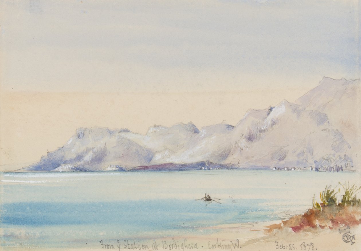 Fra dere stasjon i Bordighera, ser vestover, 25. februar 1878 (wc på papir) av George Douglas Tinling