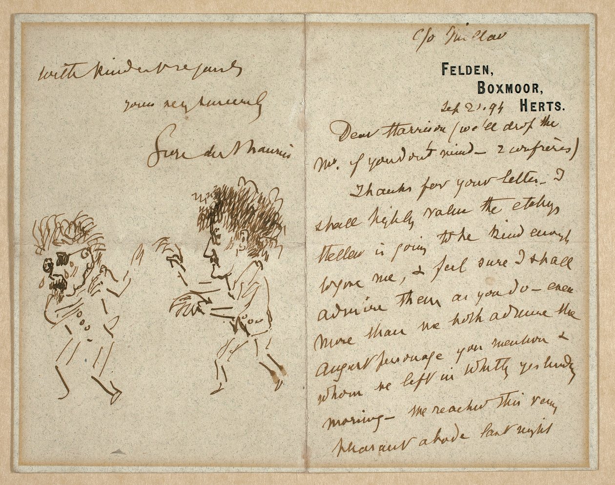 Brev med tegning av Whistler Menacing Du Maurier av George du Maurier