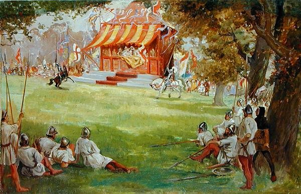 A Jousting Tournament, fra Sir Nigel and the White Company av Sir Arthur Conan Doyles (1859-1930) (olje på lerret lagt ned om bord) (se også 140868) av George Edmund Butler
