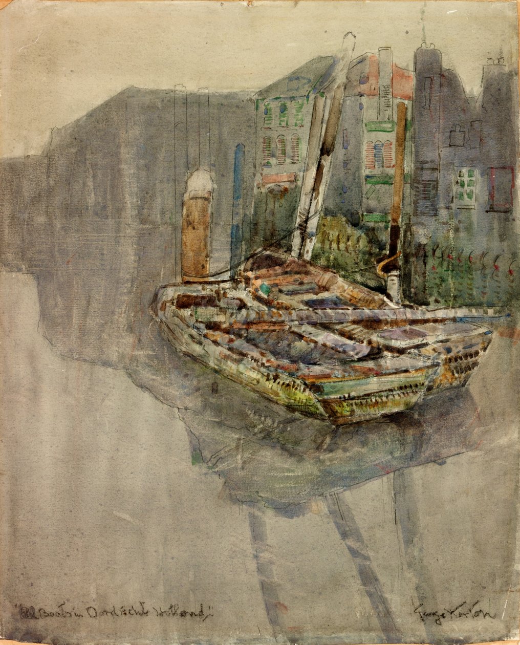 Ålbåter i en kanal i Dordrecht, Holland (kull og akvarell på papir limt på kort) av George Edward Horton