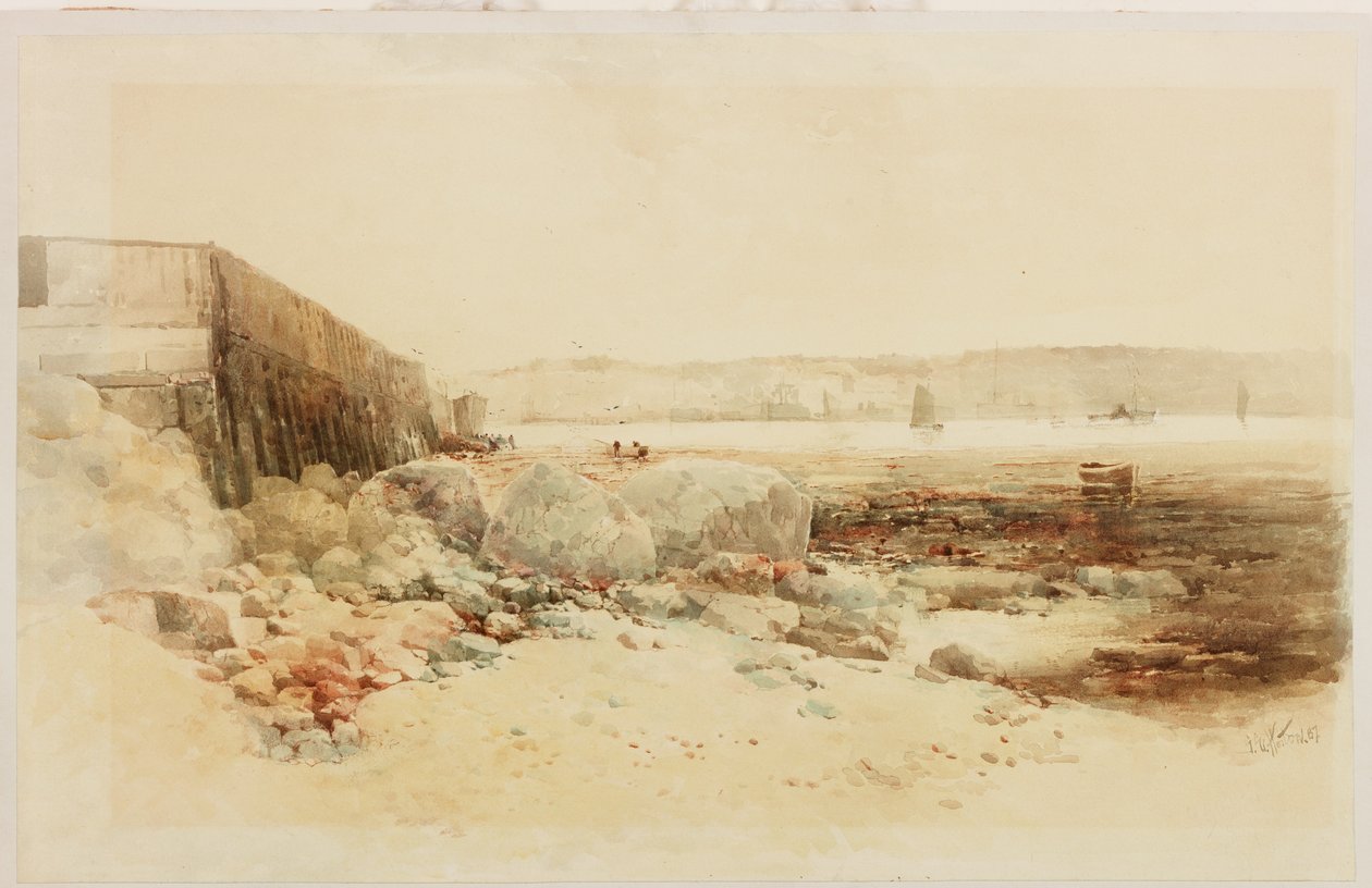 Havnescene (blyant og akvarell på papir limt på kort) av George Edward Horton