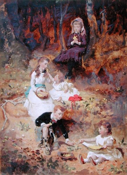 Fem barn som leker i skogen (olje på kort) av George Elgar Hicks