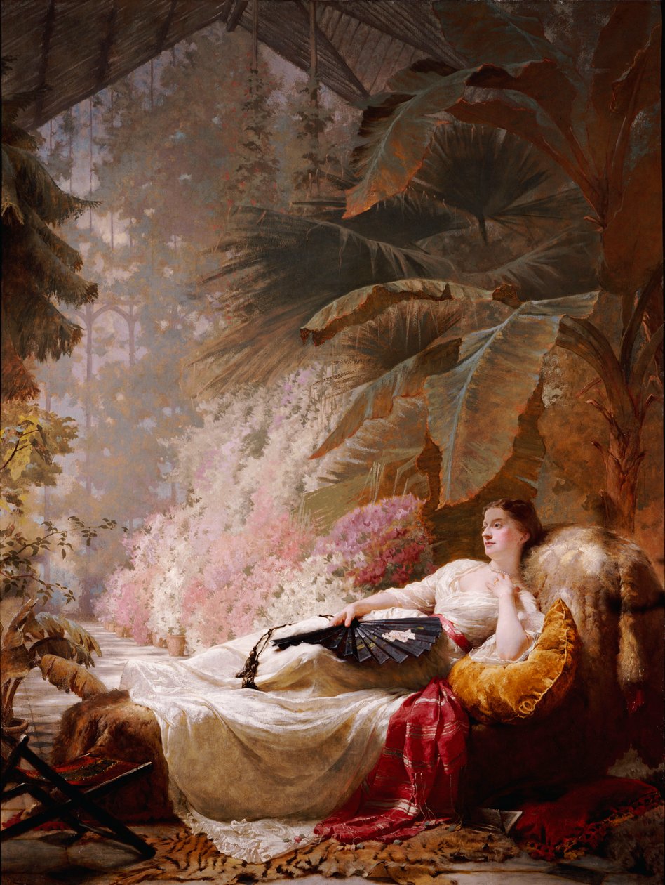 Portrett av Adelaide Maria Guinness, tilbakelent på en sofa i et vinterhage, 1885 av George Elgar Hicks