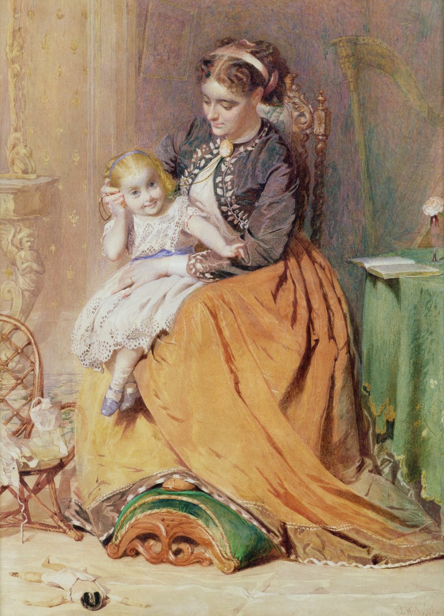 Tick, Tick, Tick - en jente som sitter på morens fang og lytter til gullklokken hennes tikker, 1867 av George Elgar Hicks