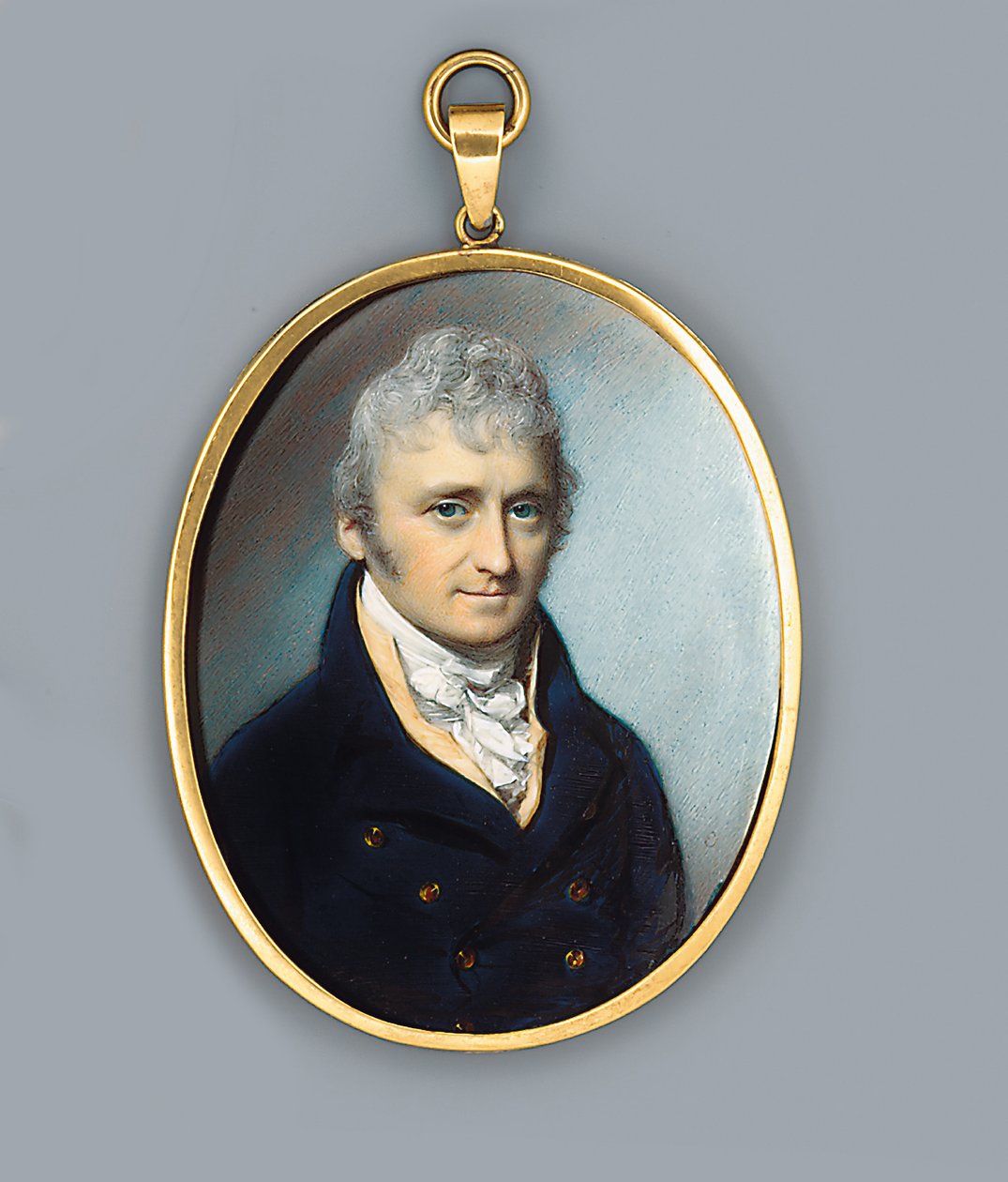 Mr Uthoff, i blå kåpe med gullknapper, brunfarget vest og knytet halsbånd, pudret krøllhår, 1805 av George Engleheart