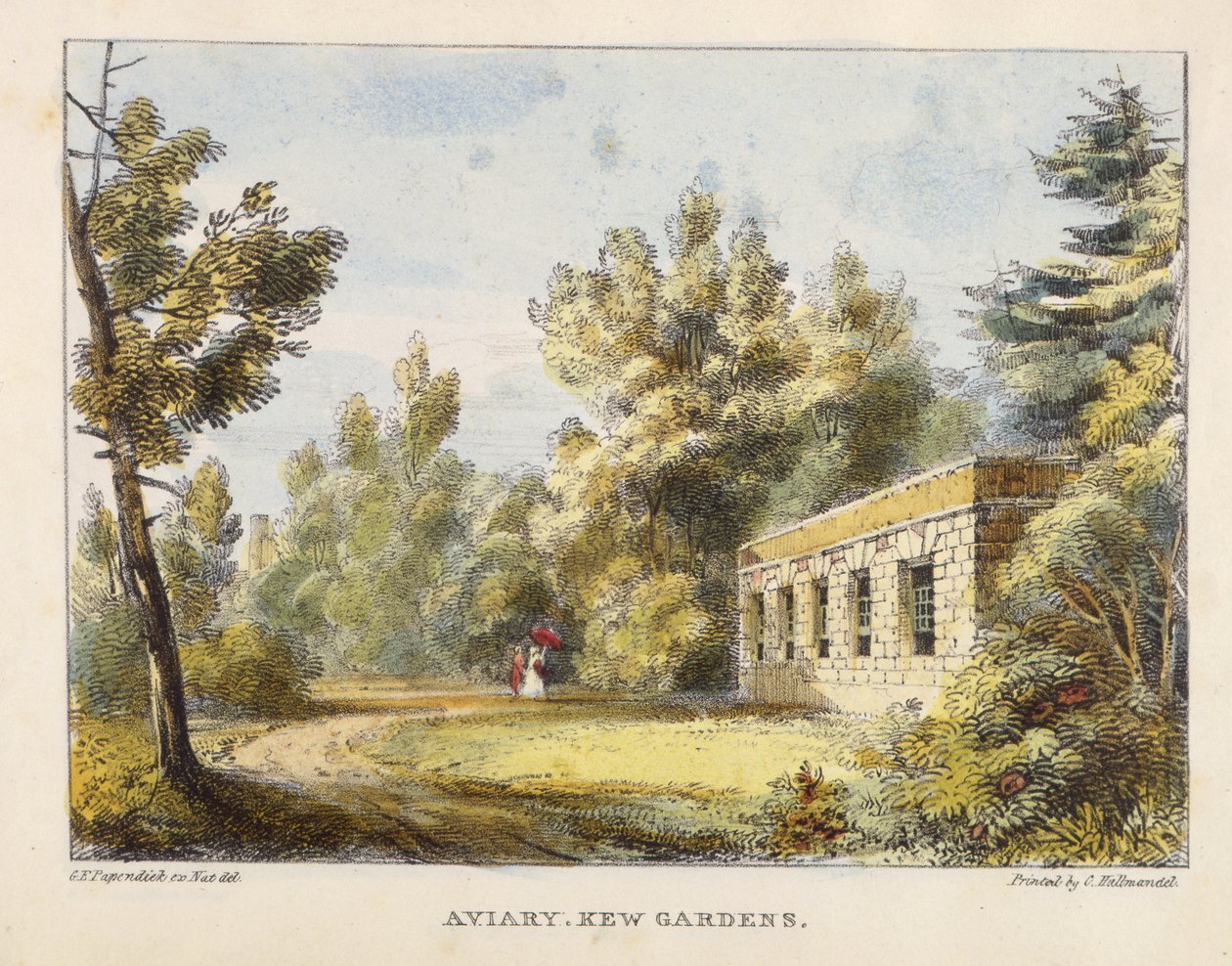 Aviary, Kew Gardens, plate 10 fra Kew Gardens: A Series of Twenty-Four Drawings on Stone, gravert av Charles Hullmandel (1789-1850) utgitt 1820 (håndfarget lito) av George Ernest after Papendiek