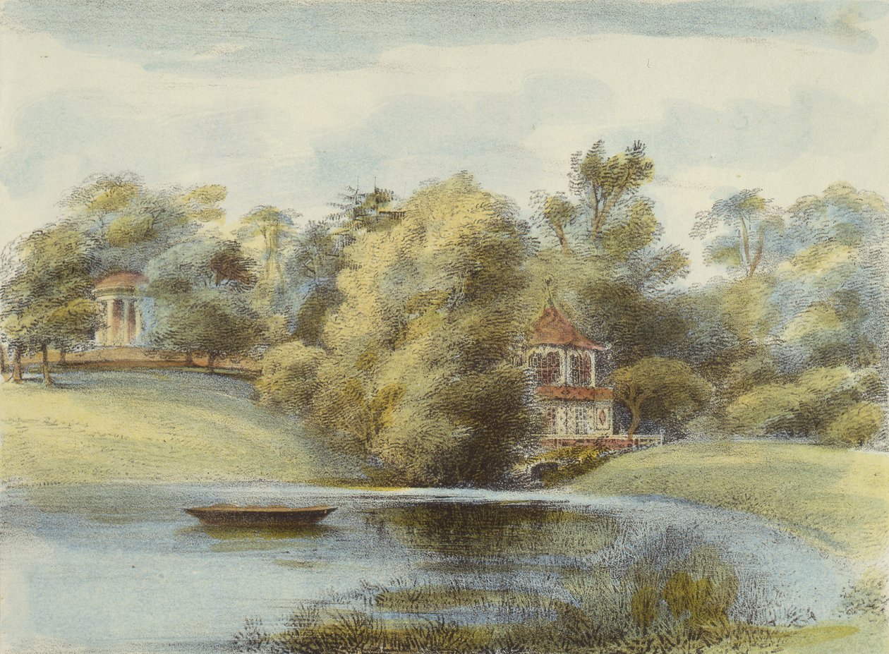 Chinese Temple and Temple of Eolus, Kew Gardens, plate 16 fra Kew Gardens: A Series of Twenty-Four Drawings on Stone, gravert av Charles Hullmandel (1789-1850) utgitt 1820 (håndfarget lito) av George Ernest after Papendiek