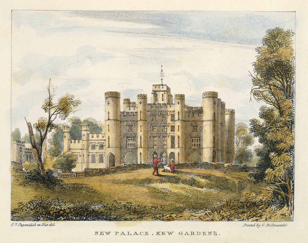 New Palace, Kew Gardens, plate 1 fra Kew Gardens: A Series of Twenty-Four Drawings on Stone, gravert av Charles Hullmandel (1789-1850) utgitt 1820 (håndkolorert litho) av George Ernest after Papendiek