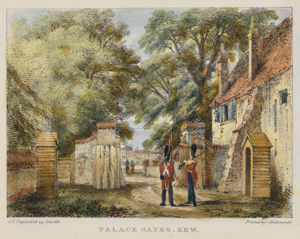 Palace Gates, Kew, plate 3 fra Kew Gardens: A Series of Twenty-Four Drawings on Stone, gravert av Charles Hullmandel (1789-1850) utgitt 1820 (håndkolorert litho) av George Ernest after Papendiek