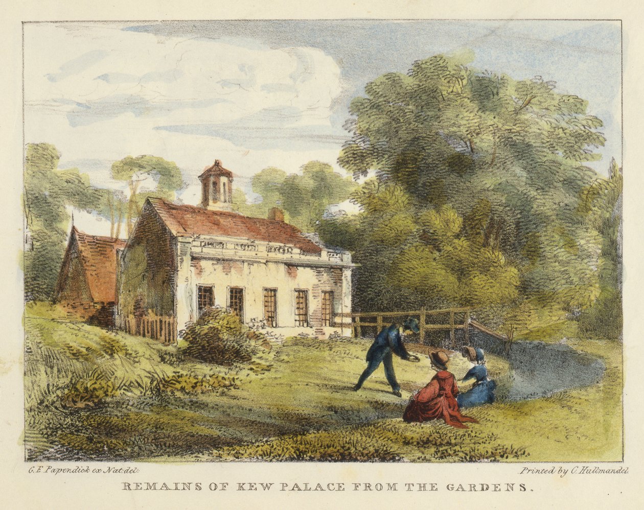 Remains of Kew Palace from the Gardens, plate 6 fra Kew Gardens: A Series of Twenty-Four Drawings on Stone, gravert av Charles Hullmandel (1789-1850) utgitt 1820 (håndkolorert litho) av George Ernest after Papendiek