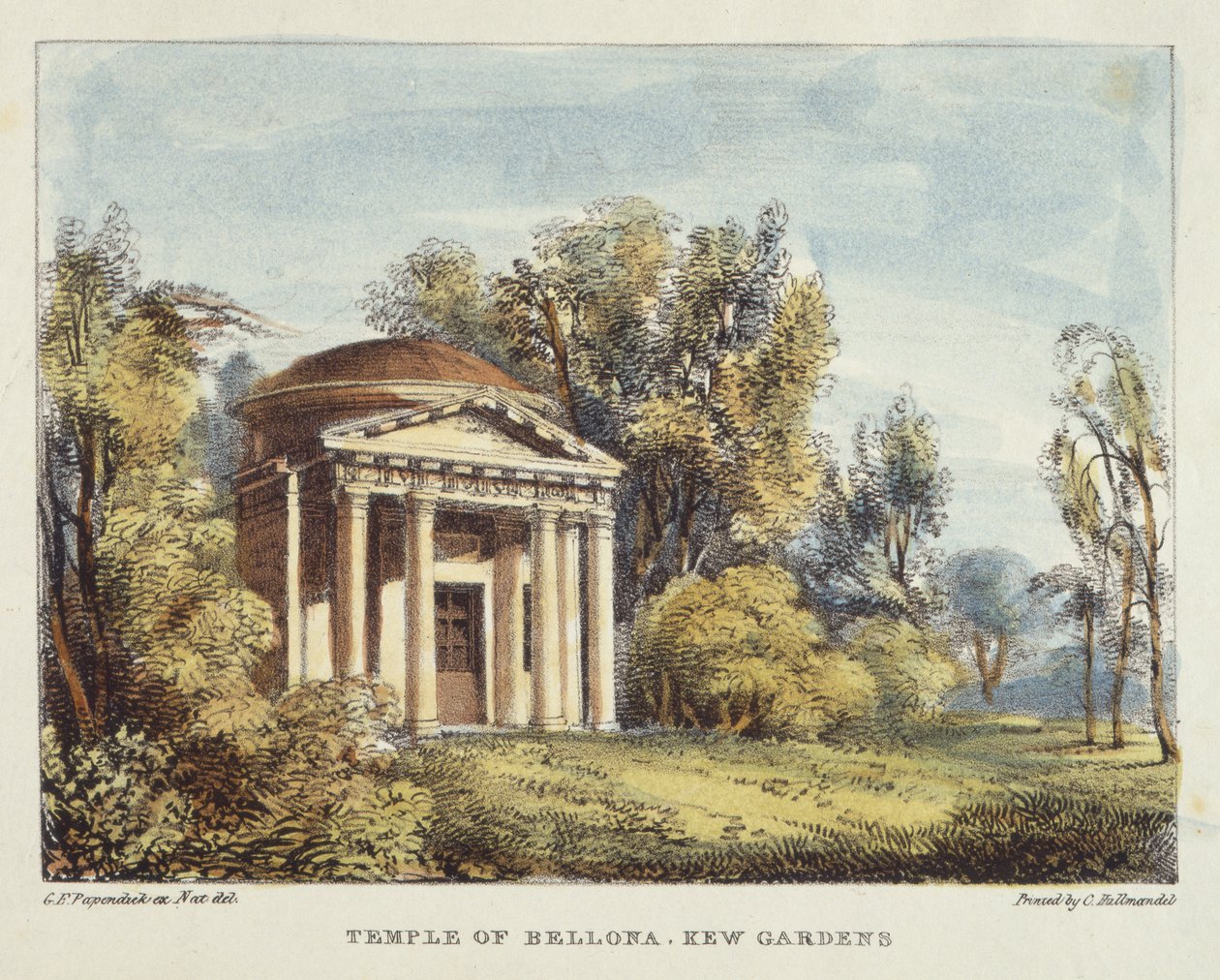 Temple of Bellona, Kew Gardens, plate 24 fra Kew Gardens: A Series of Twenty-Four Drawings on Stone, gravert av Charles Hullmandel (1789-1850) utgitt 1820 (håndfarget lito) av George Ernest after Papendiek